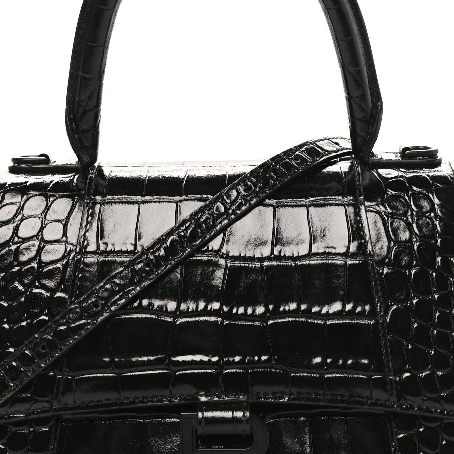Shiny Calfskin Monochrome Crocodile Embossed Small Hourglass Top Handle Bag Black