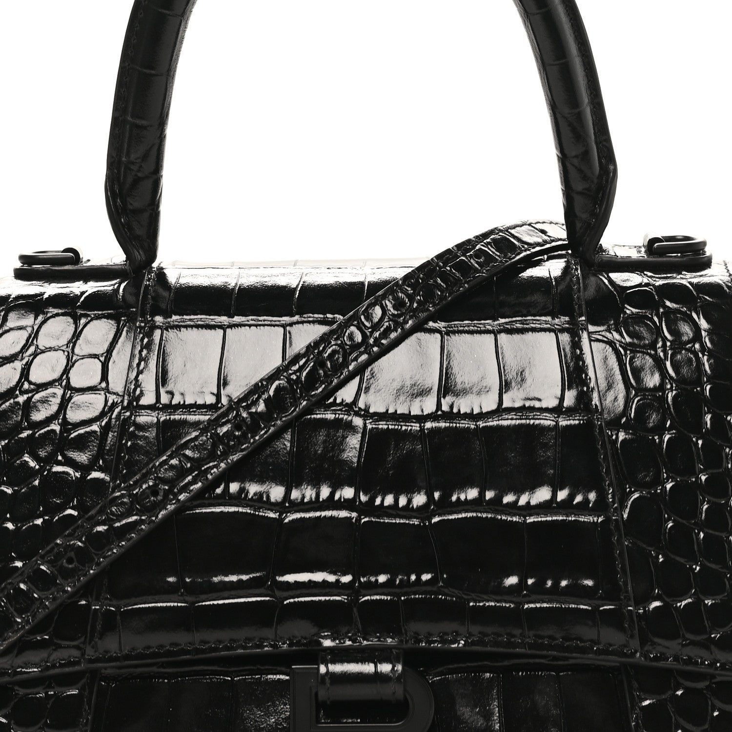 Balenciaga Shiny Calfskin Monochrome Crocodile Embossed Small Hourglass Top Handle Bag Black 6 of 9