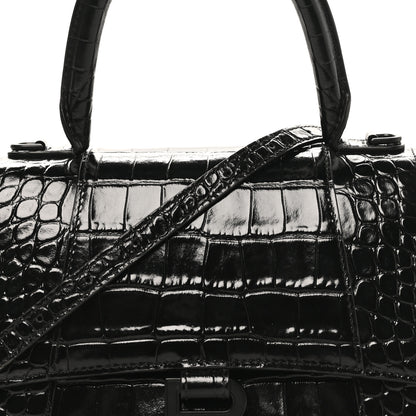 Balenciaga Shiny Calfskin Monochrome Crocodile Embossed Small Hourglass Top Handle Bag Black 6 of 9