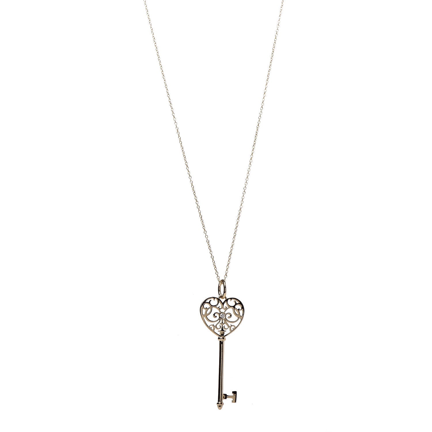 Tiffany 18K Yellow Gold Diamond Enchant Heart Key Pendant Necklace 1 of 7