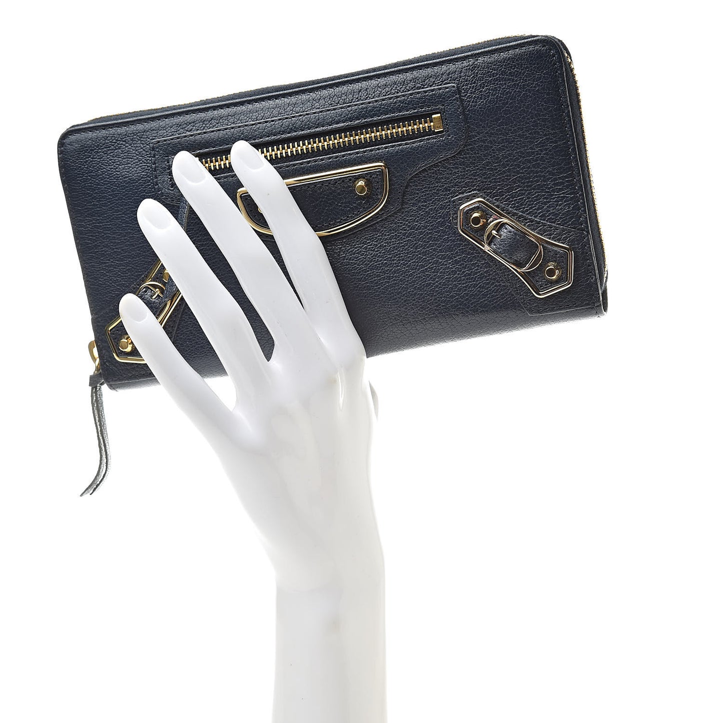 Chevre Gold Metallic Edge Hardware Continental Zip Around Wallet Bleu Nuit