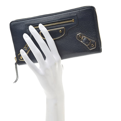 Balenciaga Chevre Gold Metallic Edge Hardware Continental Zip Around Wallet Bleu Nuit 2 of 8