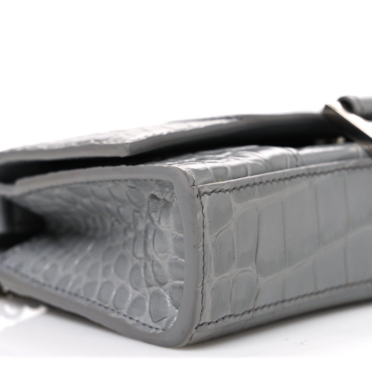 Shiny Calfskin Crocodile Embossed Hourglass Chain Bag Balenciaga Steel Grey