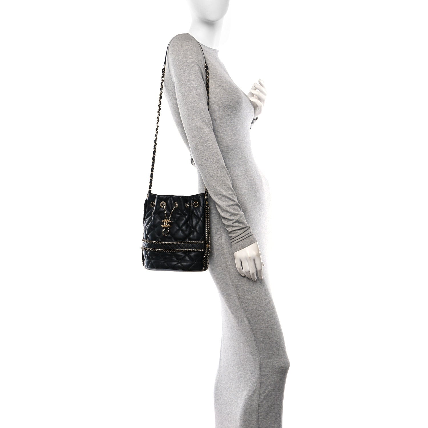 Chanel Lambskin Quilted Chain Bucket Drawstring Bag Black 3 of 10