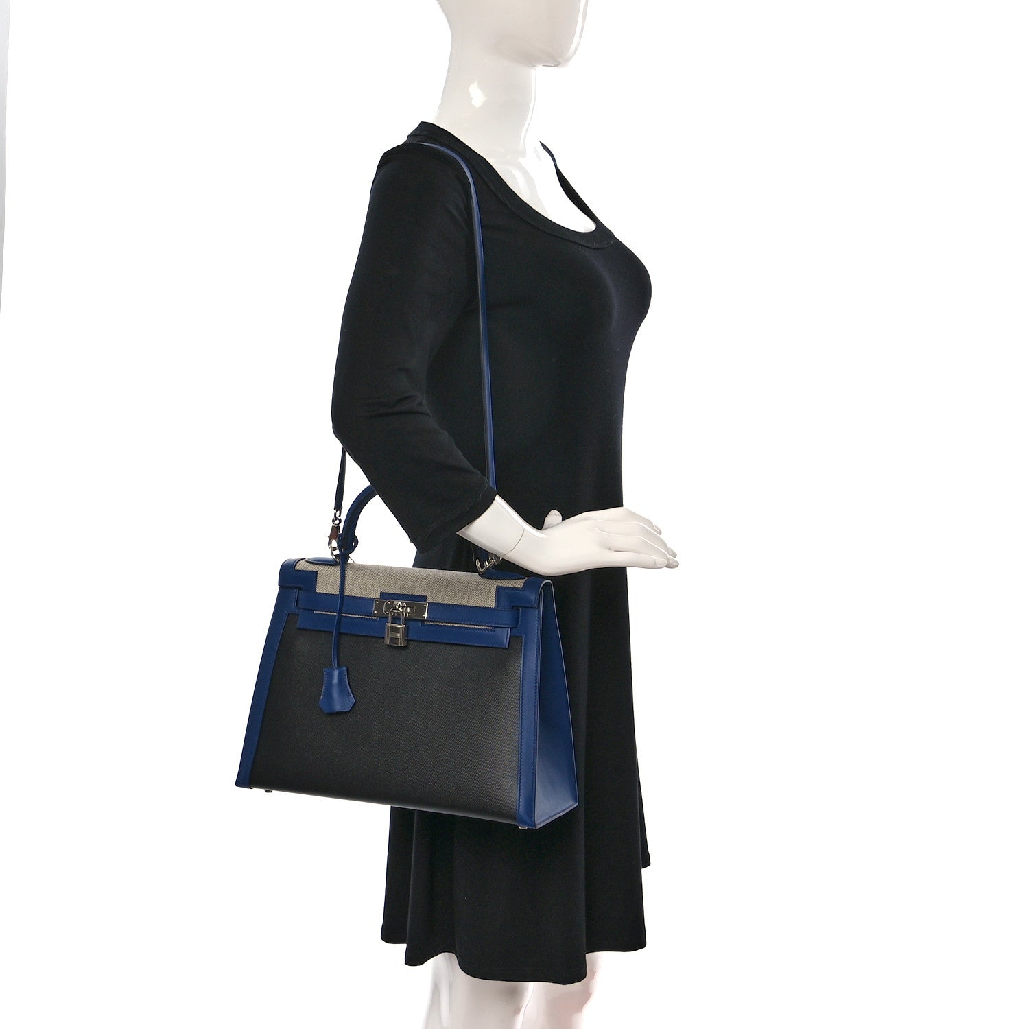 Hermes Berline Toile Swift Kelly Sellier 32 Black Ecru Bleu Sapphire 2 of 9