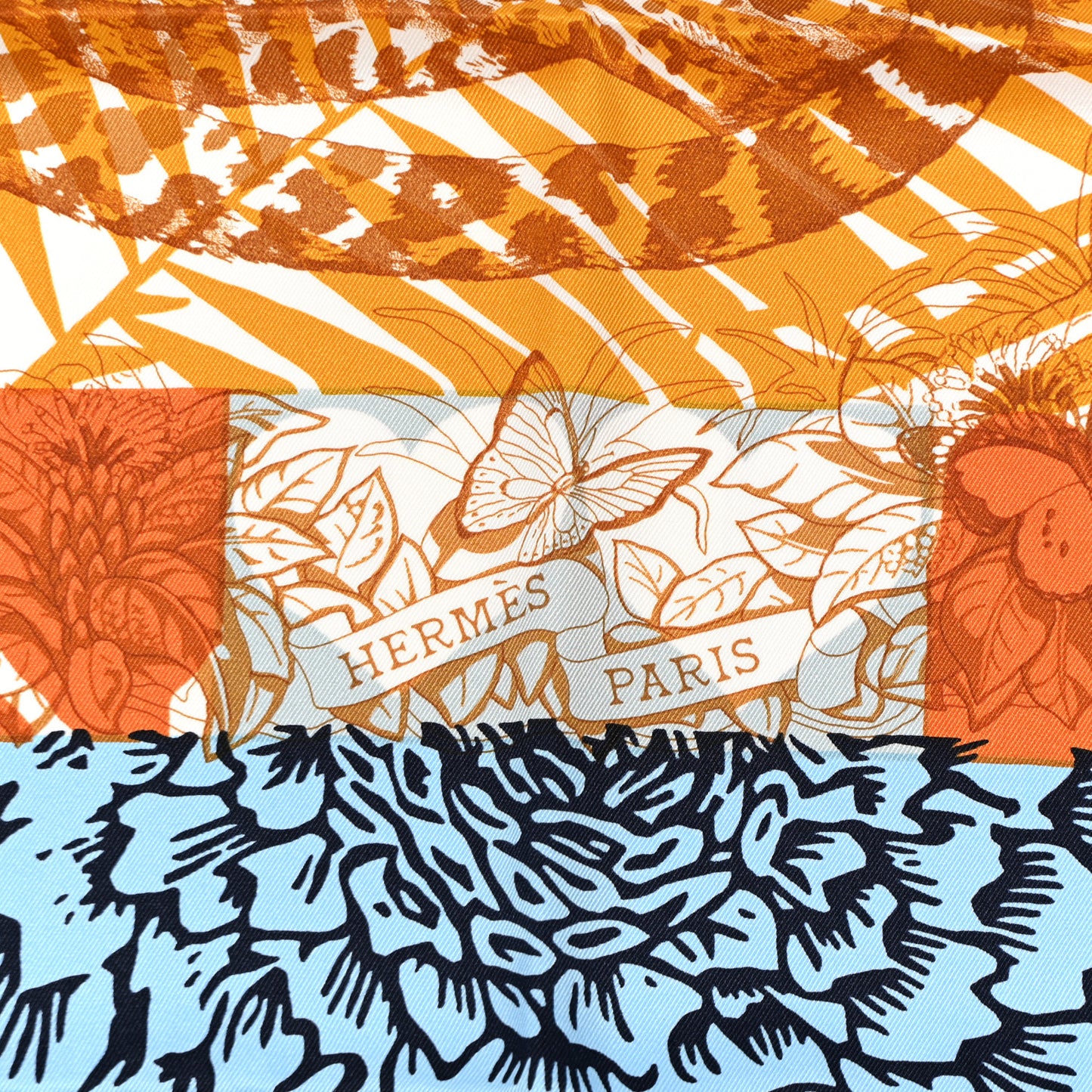 Silk Jungle Love au Tampon Scarf 70 Orange Cuit Bleu Vert-de-gris