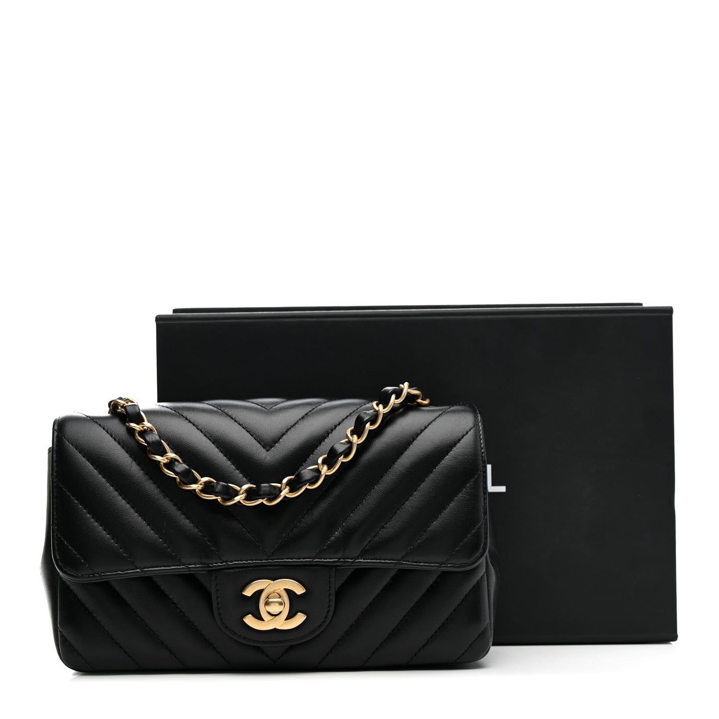 Lambskin Chevron Quilted Mini Rectangular Flap Black