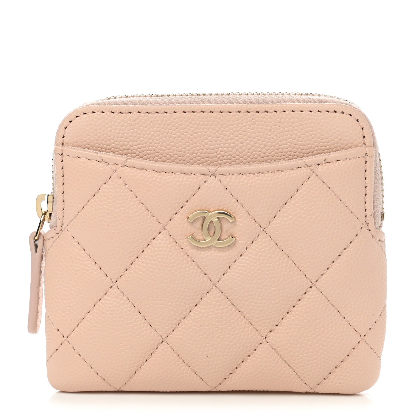 Caviar Quilted Zip Card Holder Wallet Light Beige