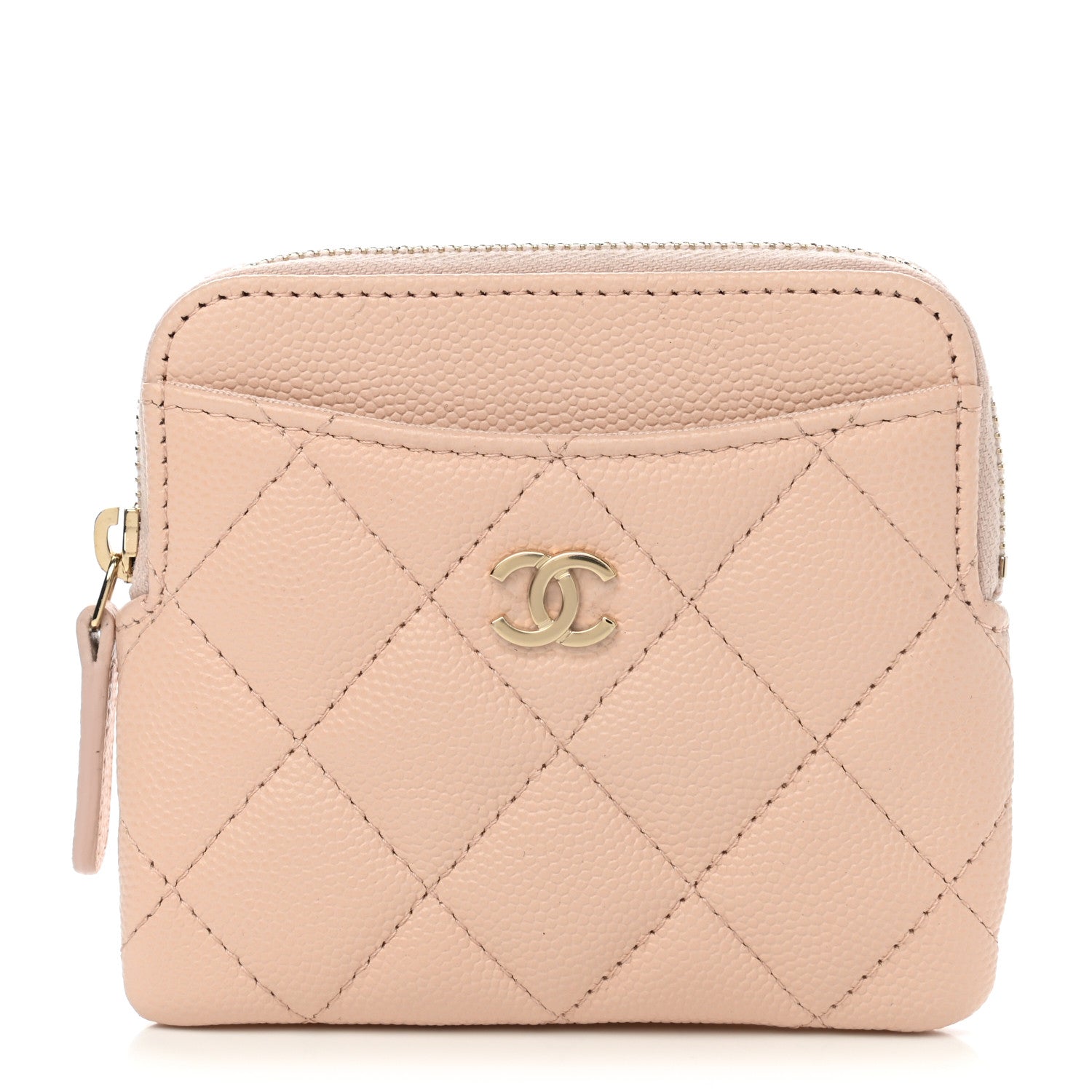 Chanel Caviar Quilted Zip Card Holder Wallet Light Beige 1 of 8