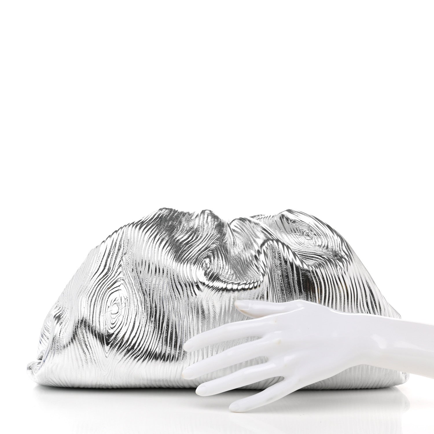 Bottega Veneta Metallic Bark Calfskin Embossed The Pouch Oversized Clutch Silver 2 of 9