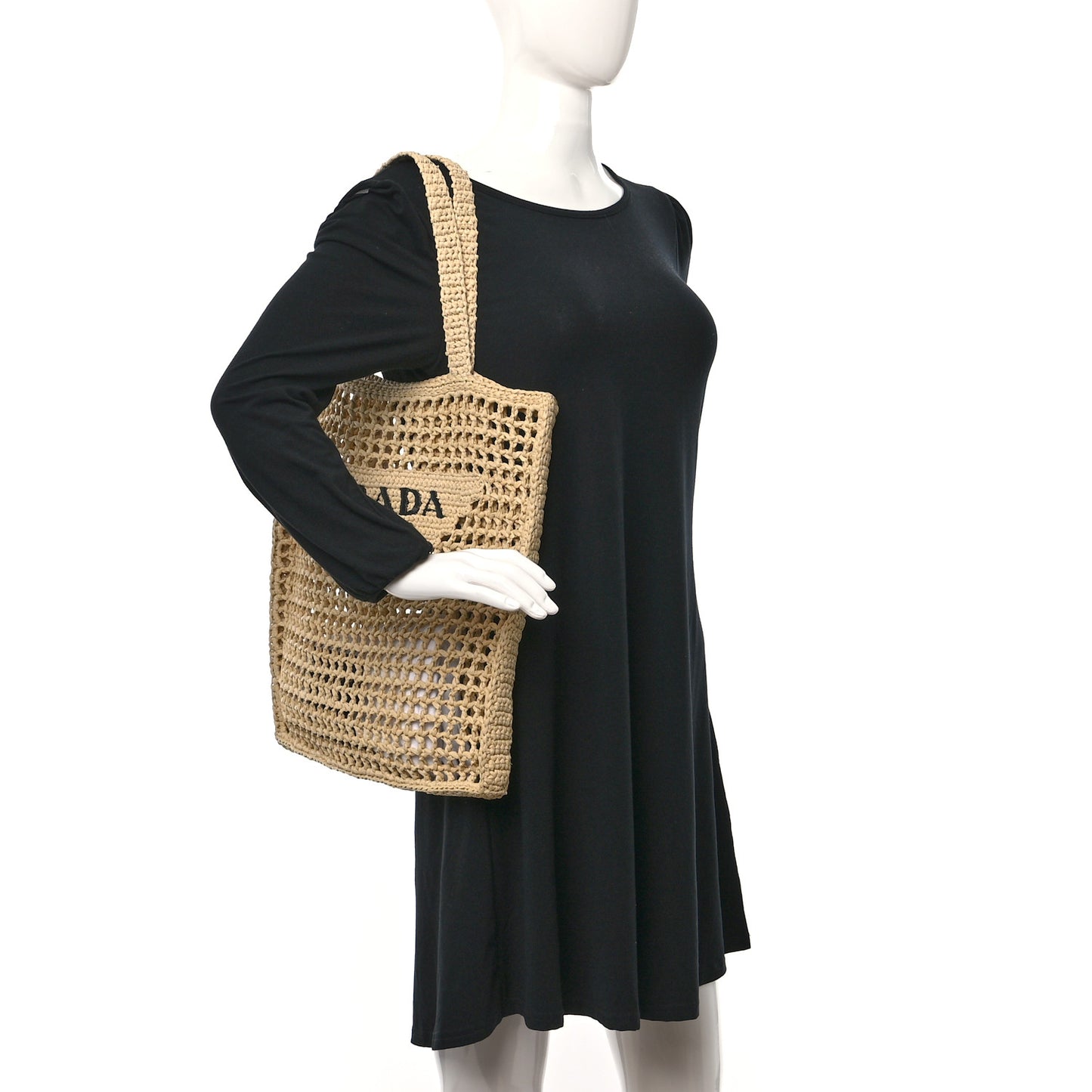 Yarn Raffia Effect Crochet Logo Embroidered Tote Bag Naturale