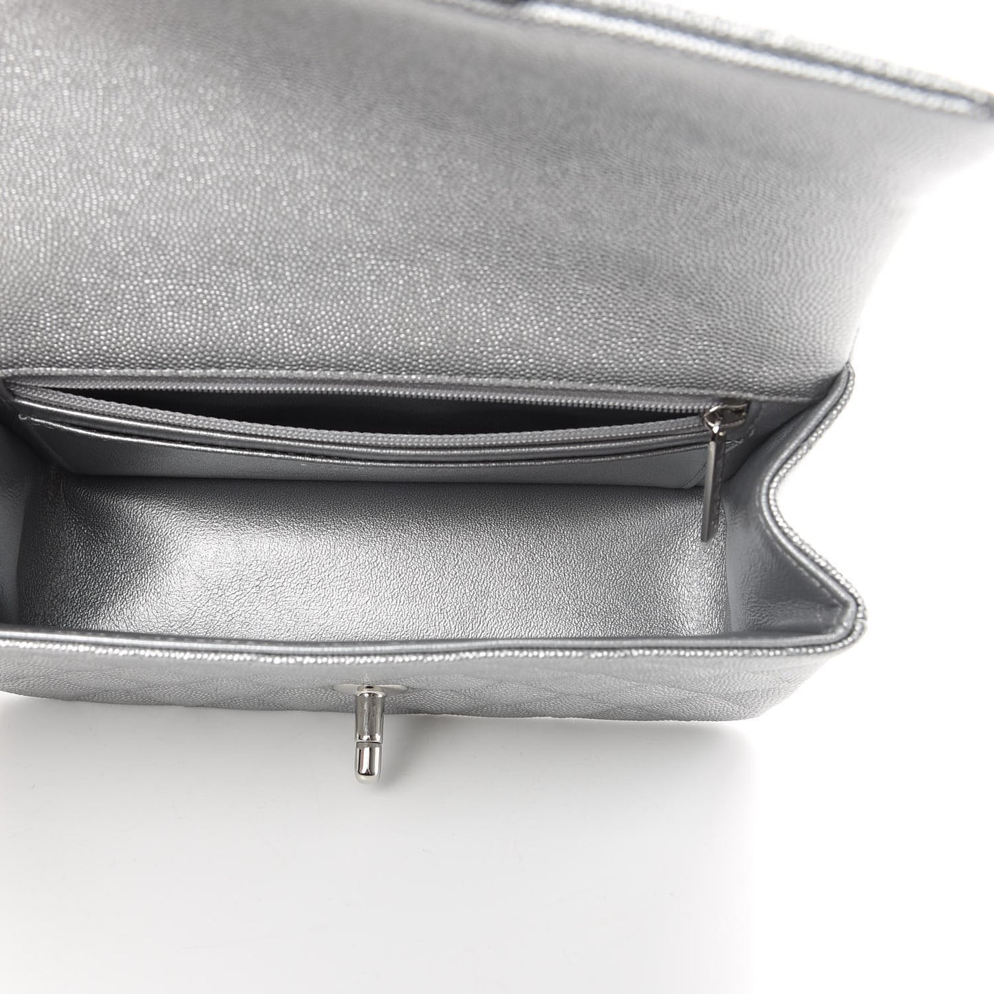 Metallic Caviar Quilted Mini Top Handle Rectangular Flap Silver