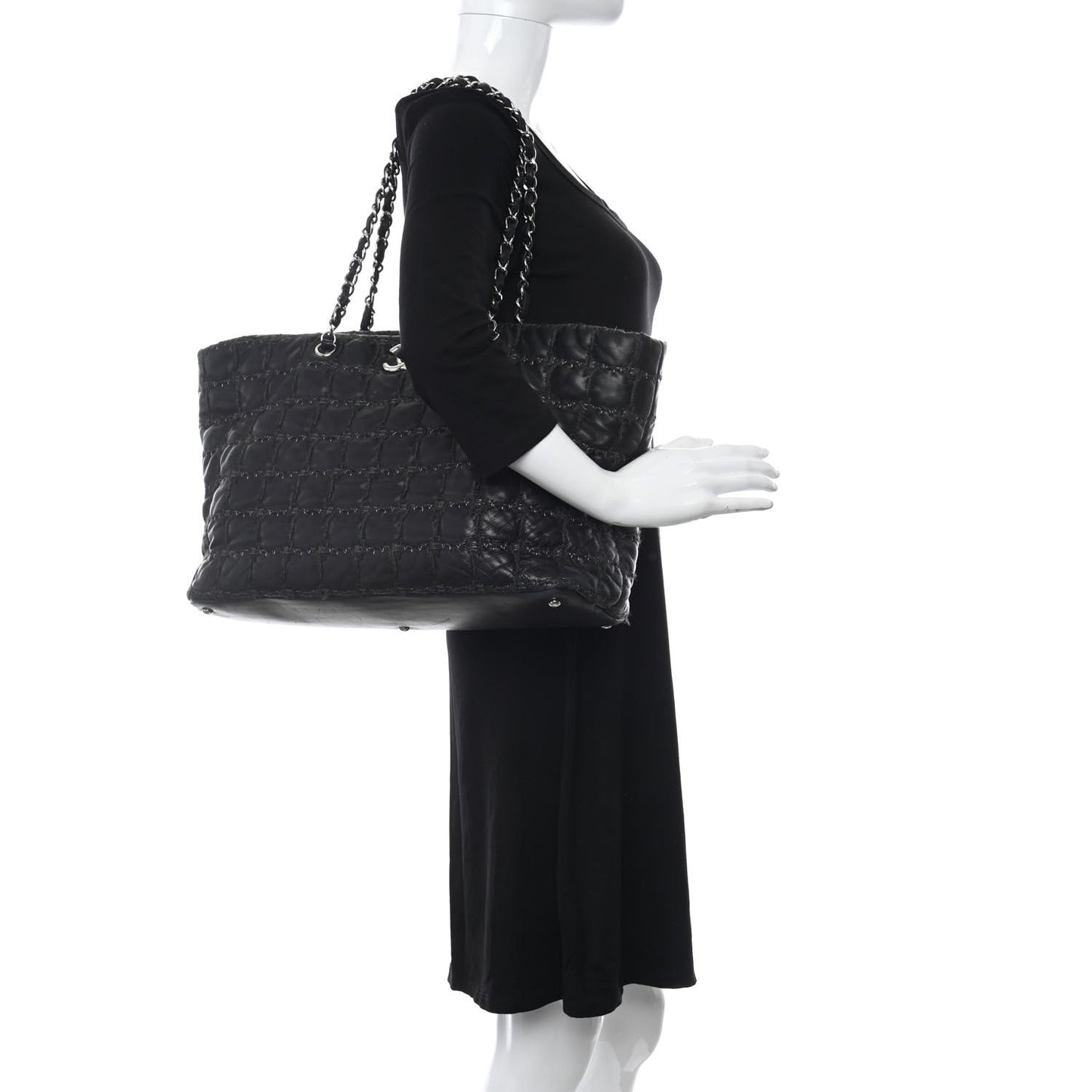 Lambskin Tweed Double Stitch Tote Black