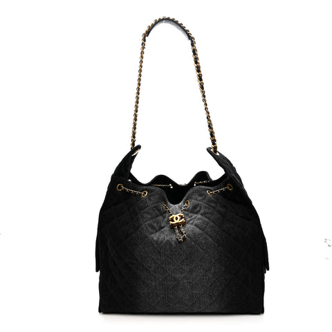 Washed Denim Quilted Large Chanel 25 Handbag Black