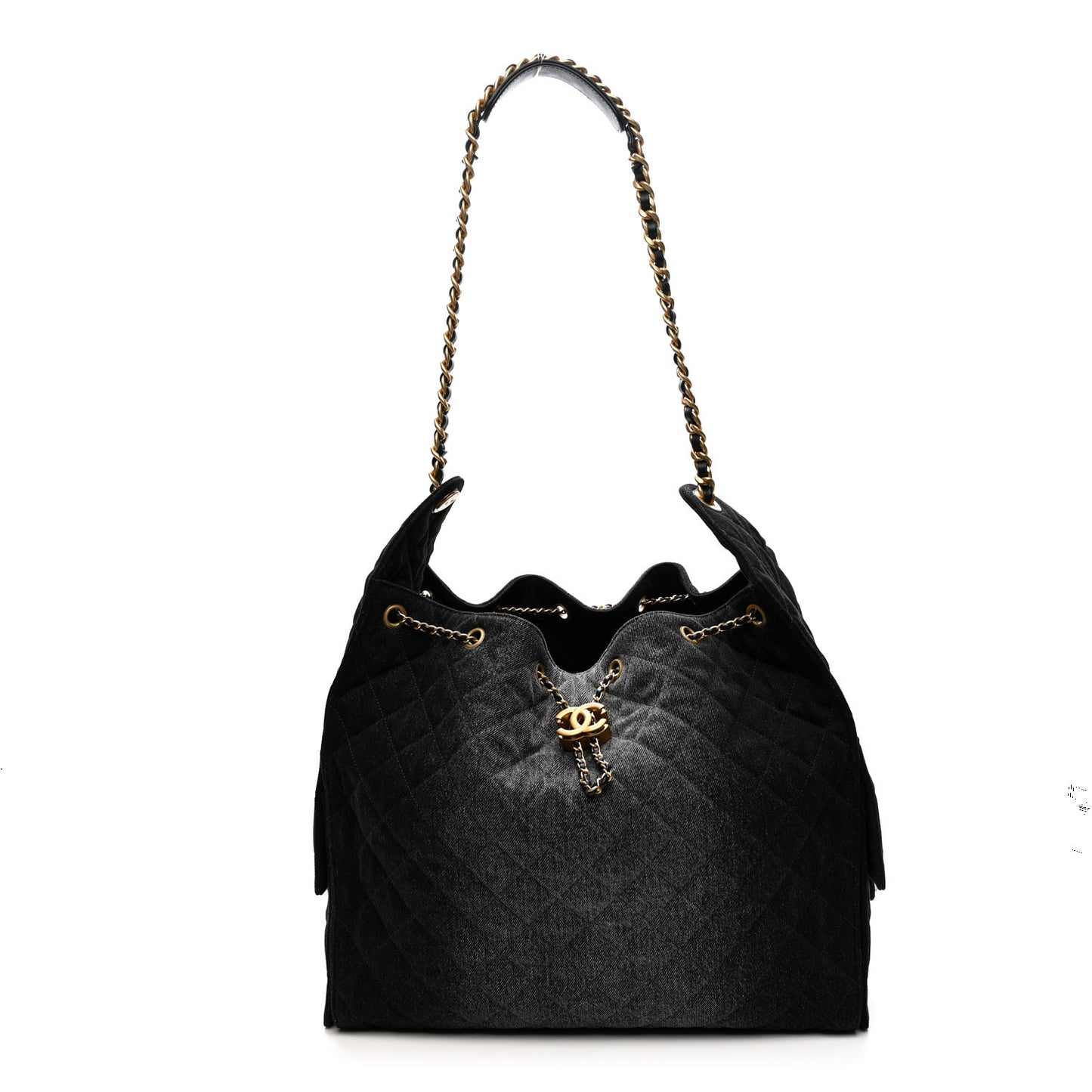 Washed Denim Quilted Large Chanel 25 Handbag Black