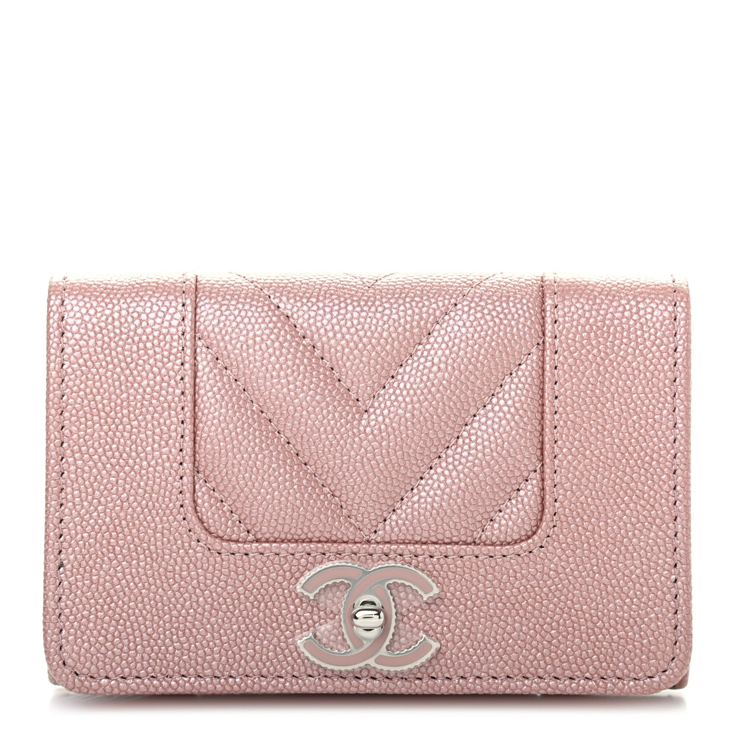 Metallic Caviar Chevron Quilted Vintage Mademoiselle Flap Card Holder Pink