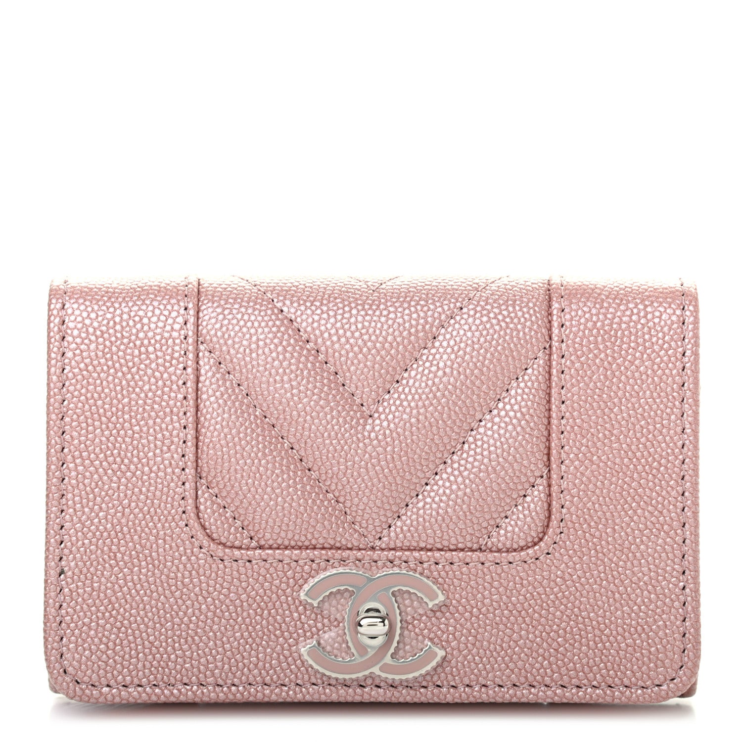Chanel Metallic Caviar Chevron Quilted Vintage Mademoiselle Flap Card Holder Pink 1 of 8