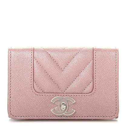 Chanel Metallic Caviar Chevron Quilted Vintage Mademoiselle Flap Card Holder Pink 1 of 8