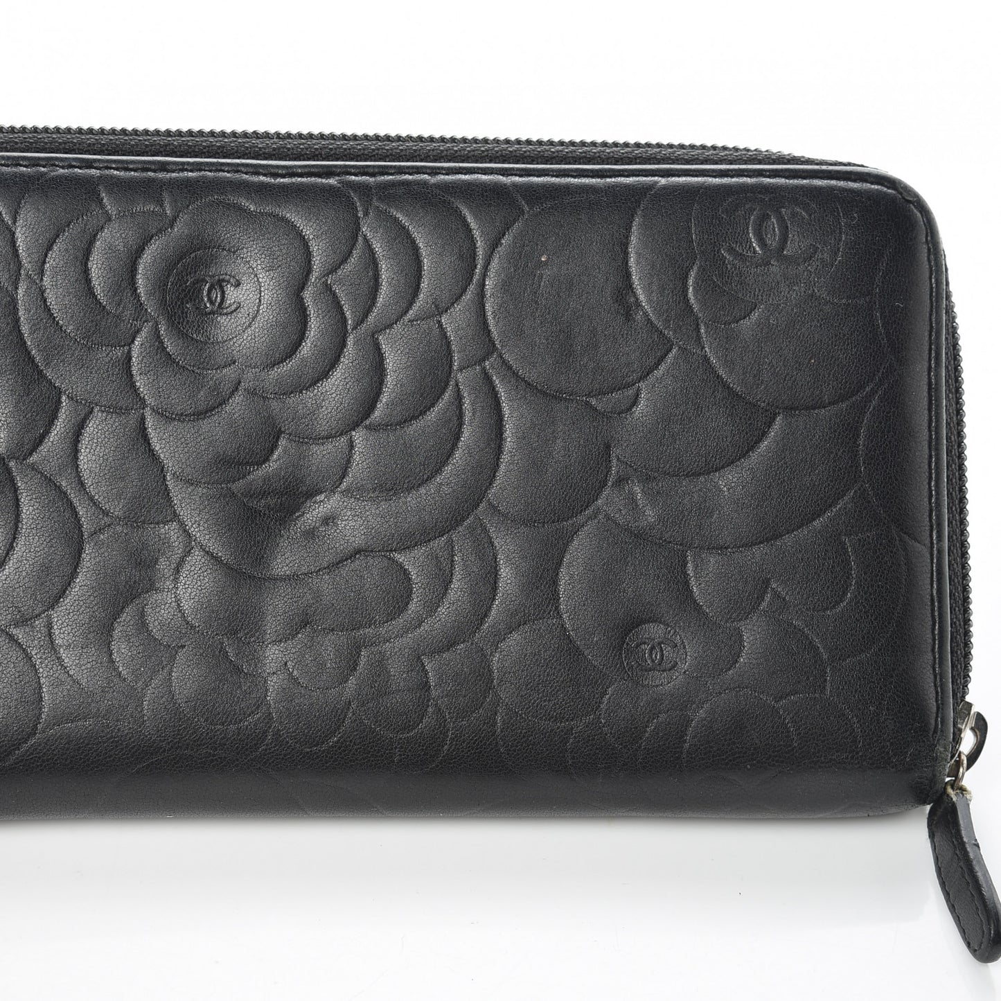 Lambskin Camellia Embossed Large Zip Around Gusset Wallet Black