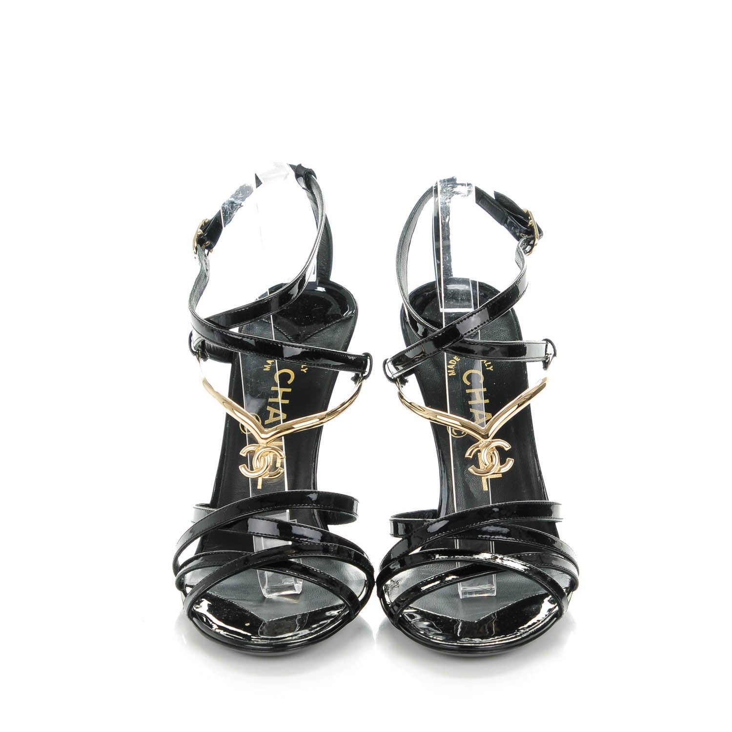 Chanel Patent CC Sandals 37 Black Gold 5 of 10