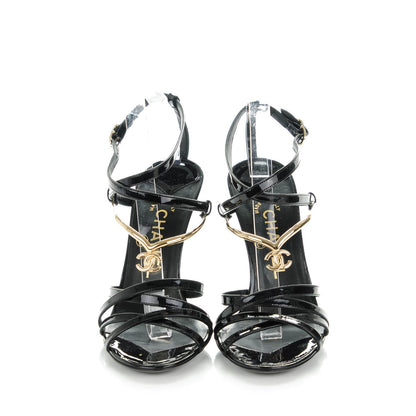 Chanel Patent CC Sandals 37 Black Gold 5 of 10