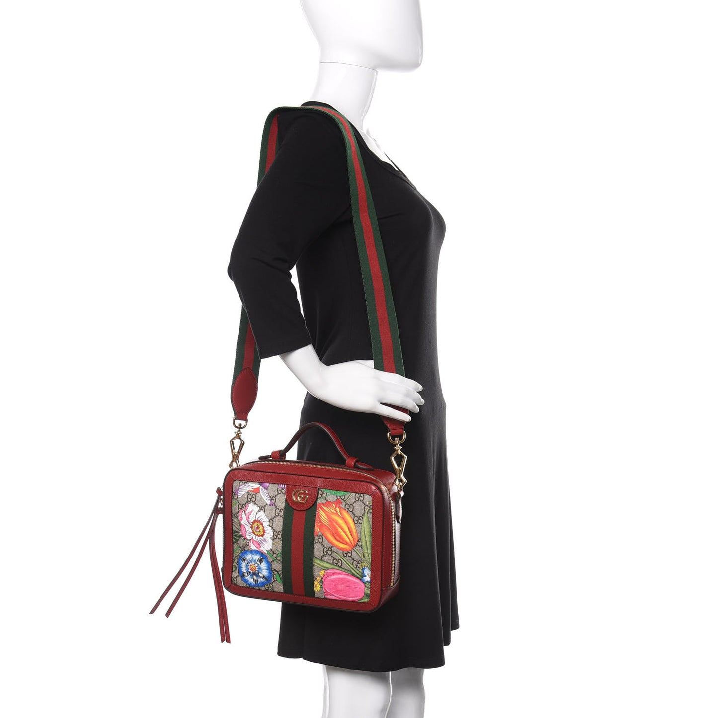 GG Supreme Monogram Flora Web Small Ophidia Top Handle Shoulder Bag Hibiscus Red