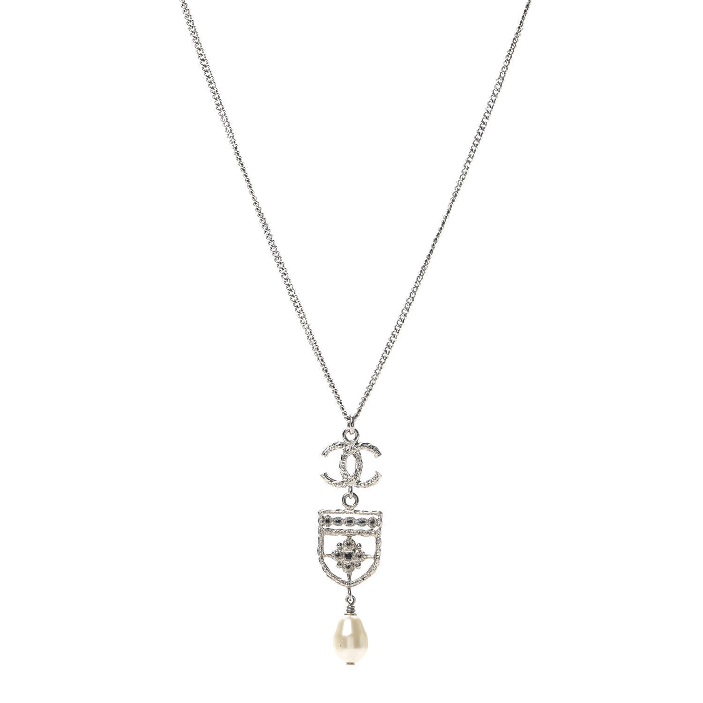 Resin Pearl CC Shield Drop Necklace Silver