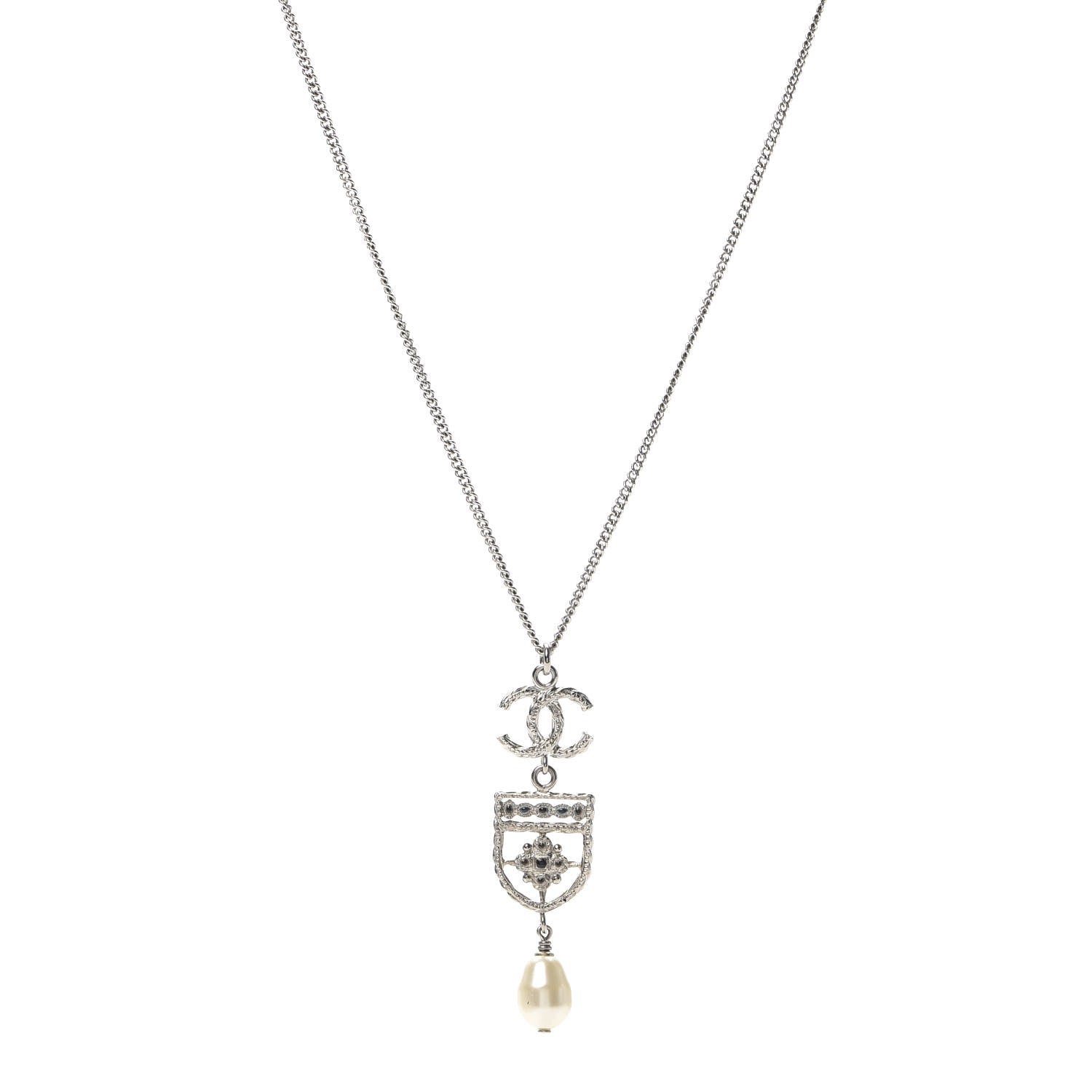 Chanel Resin Pearl CC Shield Drop Necklace Silver 1 of 4