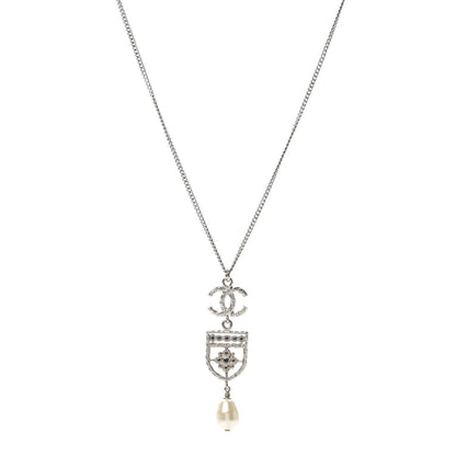 Chanel Resin Pearl CC Shield Drop Necklace Silver 1 of 4