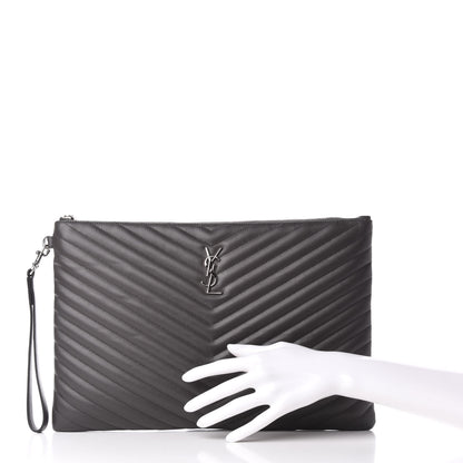 Saint Laurent Calfskin Matelasse Chevron Cassandre Monogram Document Holder Earth 2 of 7