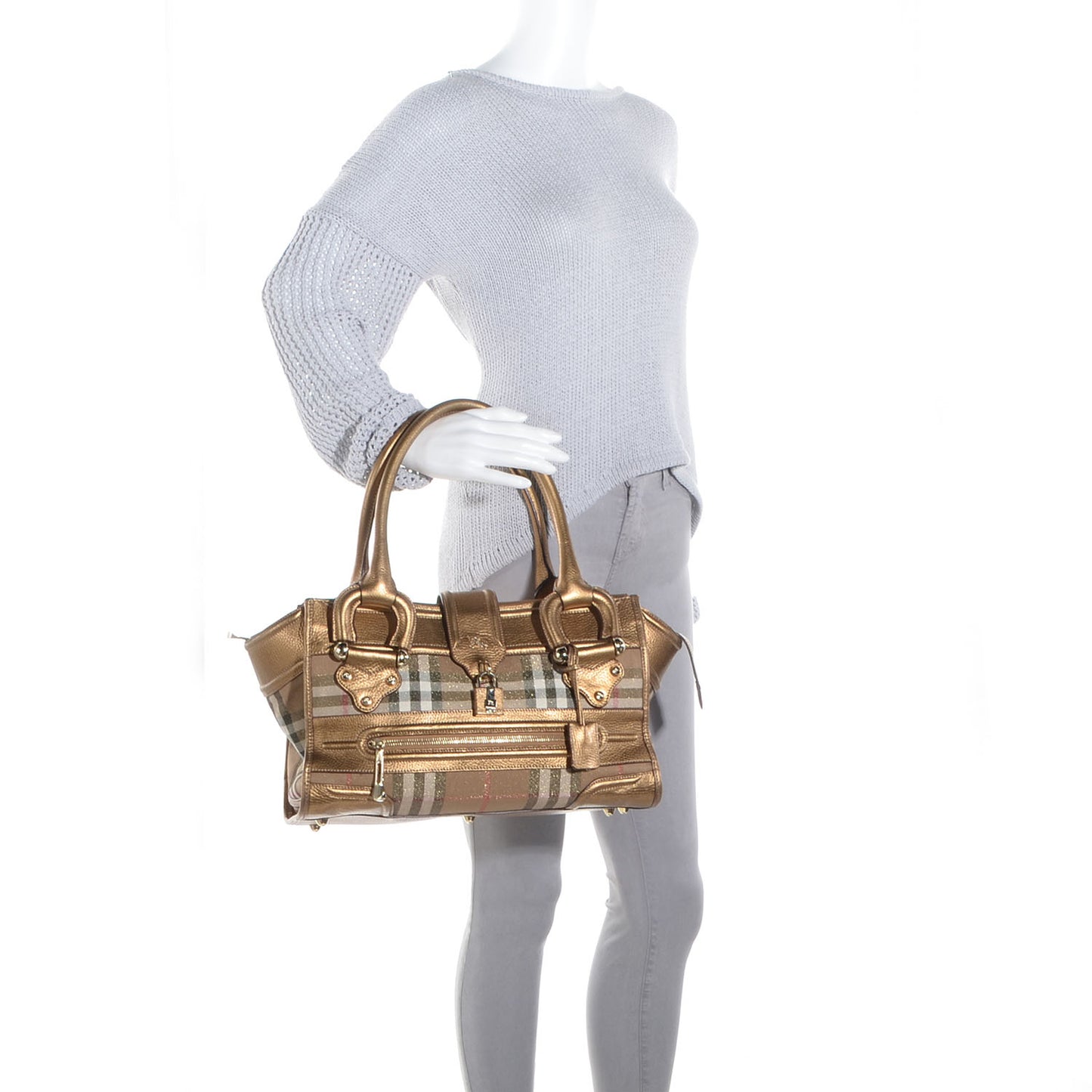 Metallic Leather House Check Large Manor Tote Gold