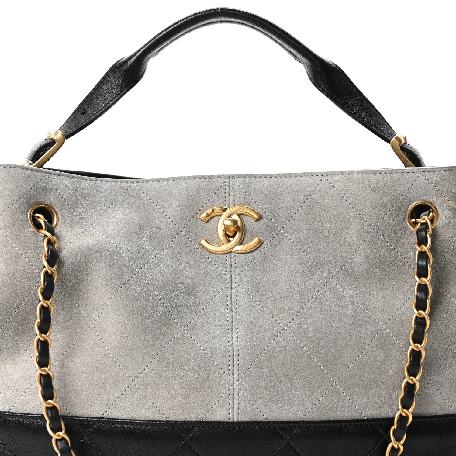 Chanel Suede Calfskin Shiny Lambskin Quilted Small Coco Base Shopping Bag Grey Black 15 of 21