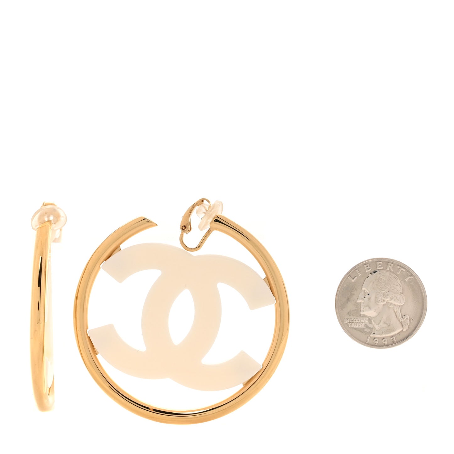 Metal Enamel CC Hoop Clip On Earrings Gold White