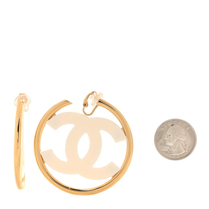 Chanel Metal Enamel CC Hoop Clip On Earrings Gold White 2 of 4