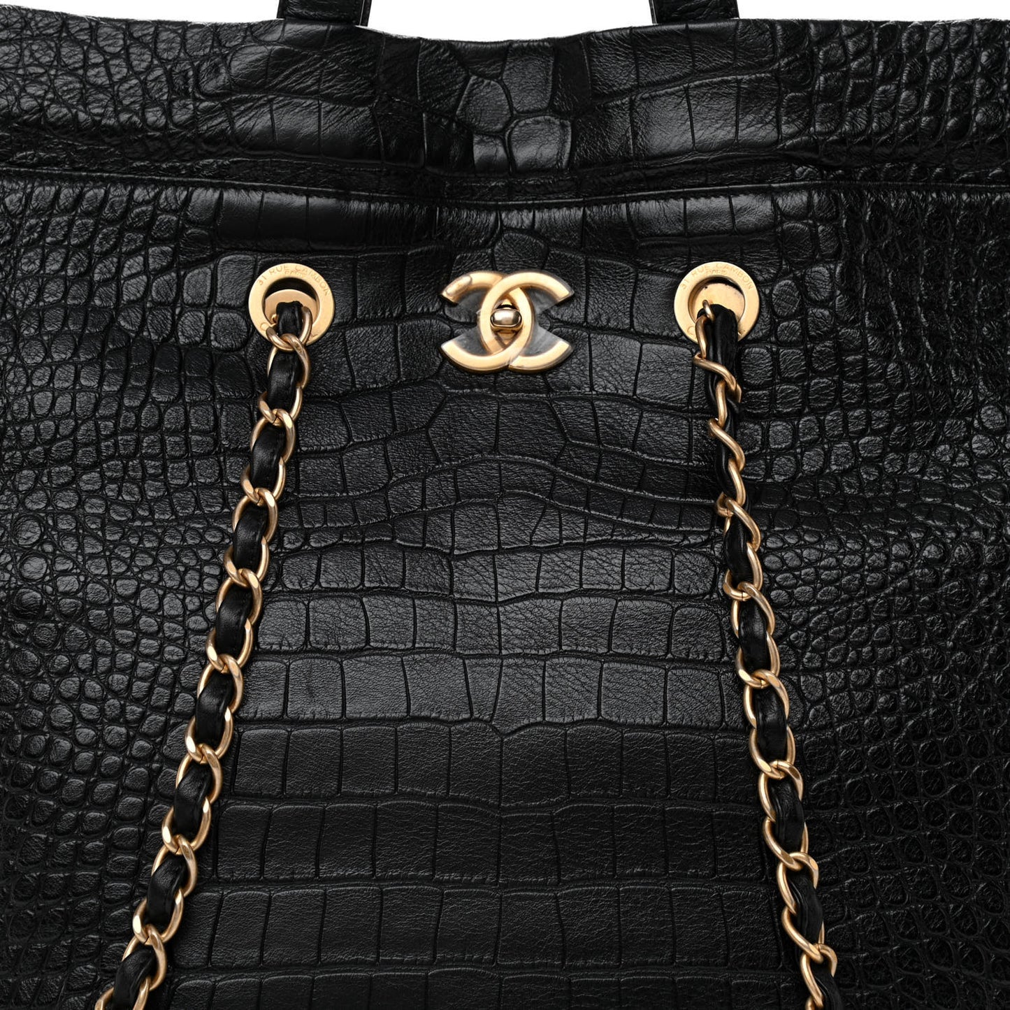Calfskin Crocodile Embossed Large Cocodile Shopping Tote Black