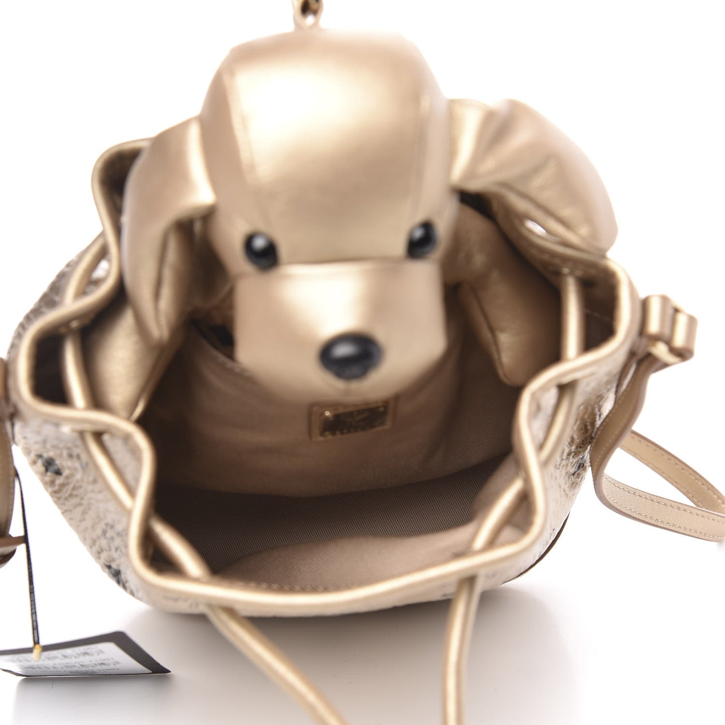 Metallic Visetos Zoo Dog Drawstring Bucket Bag Gold