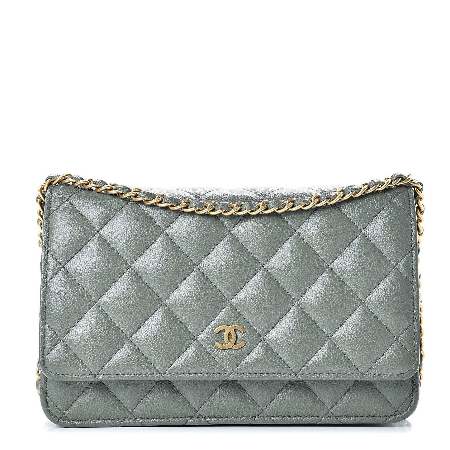 Iridescent Caviar Quilted Wallet On Chain WOC Green