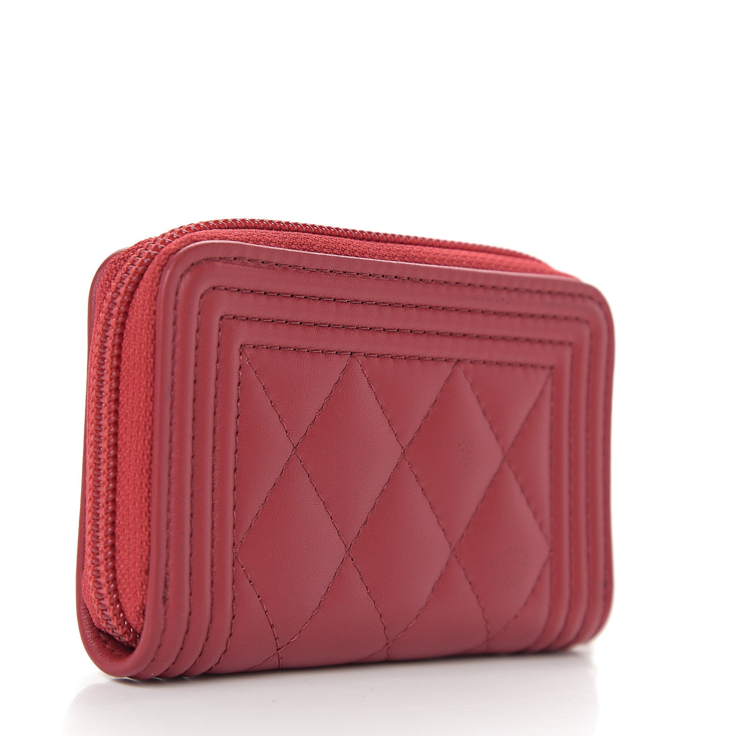 Lambskin Quilted Zip Around Boy Coin Purse Wallet Red