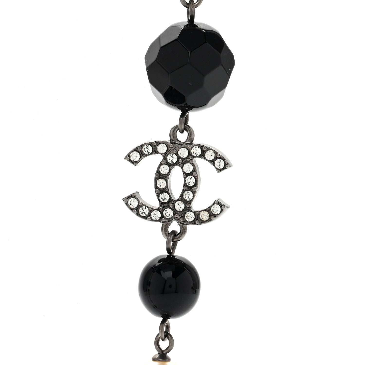 Chanel Pearl Crystal Bead CC Long Necklace Black Silver 4 of 6