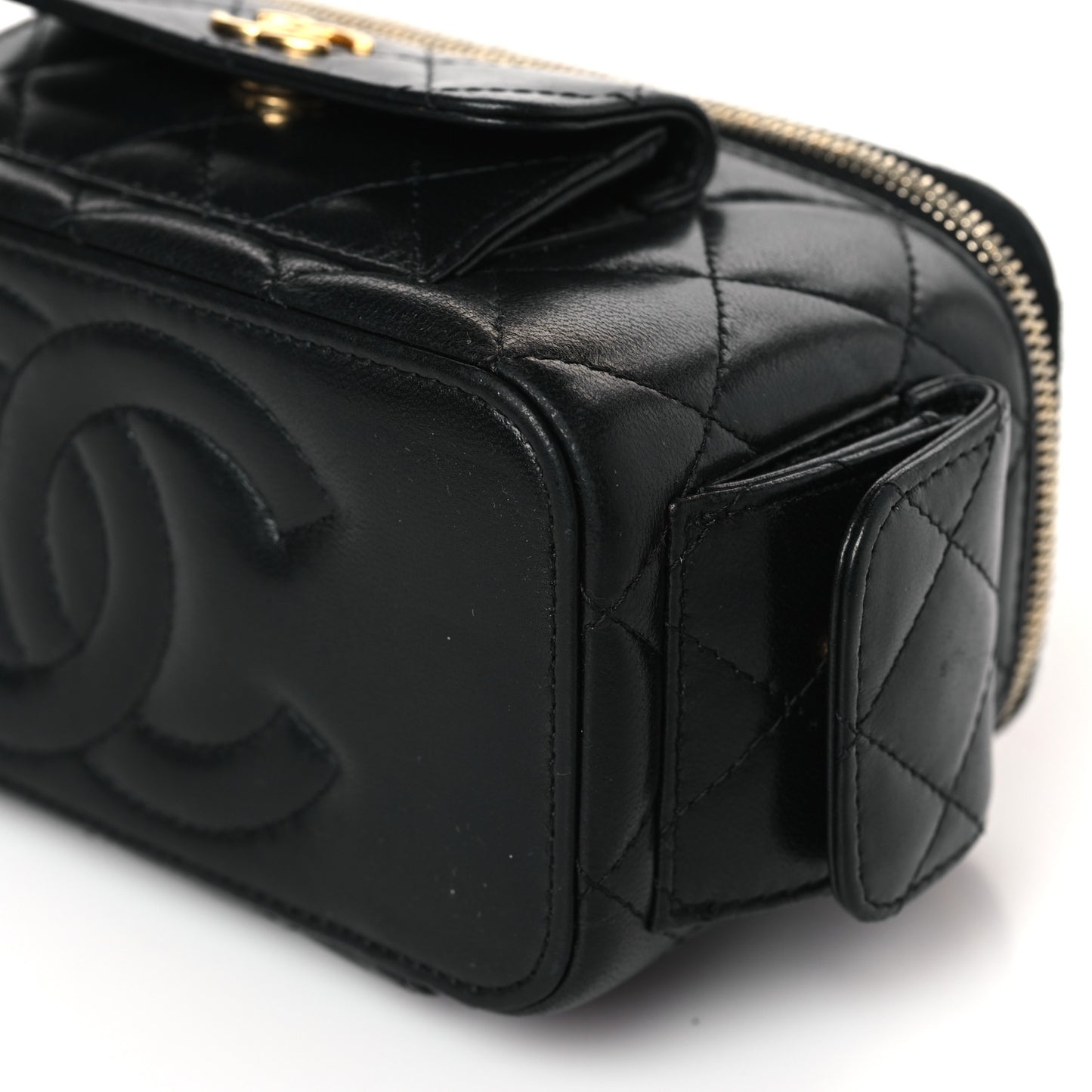 Lambskin Quilted Polly Pocket East West Top Vanity With Chain Black