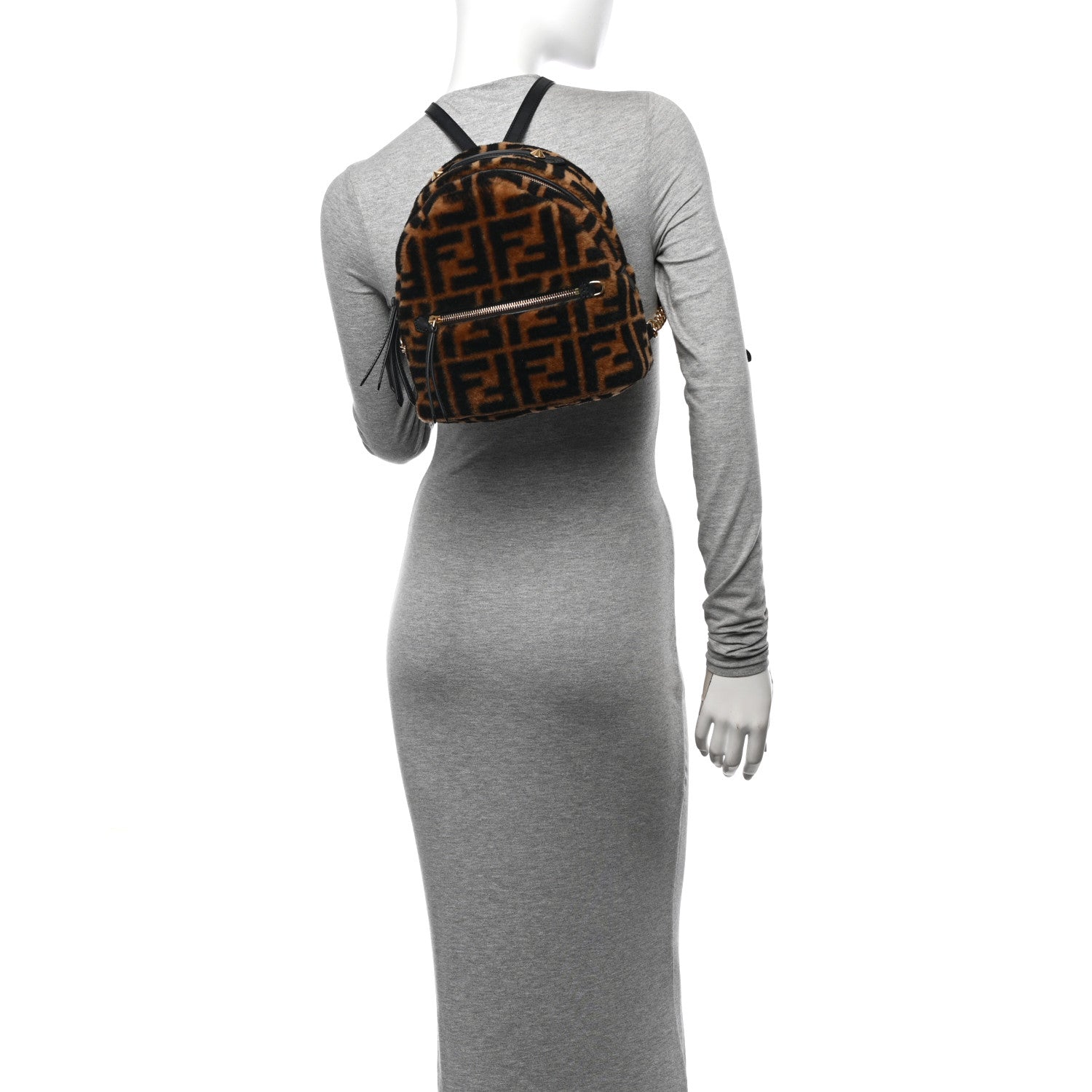 Fendi Shearling Macro FF 1974 Mini Backpack Tobacco Black 2 of 12