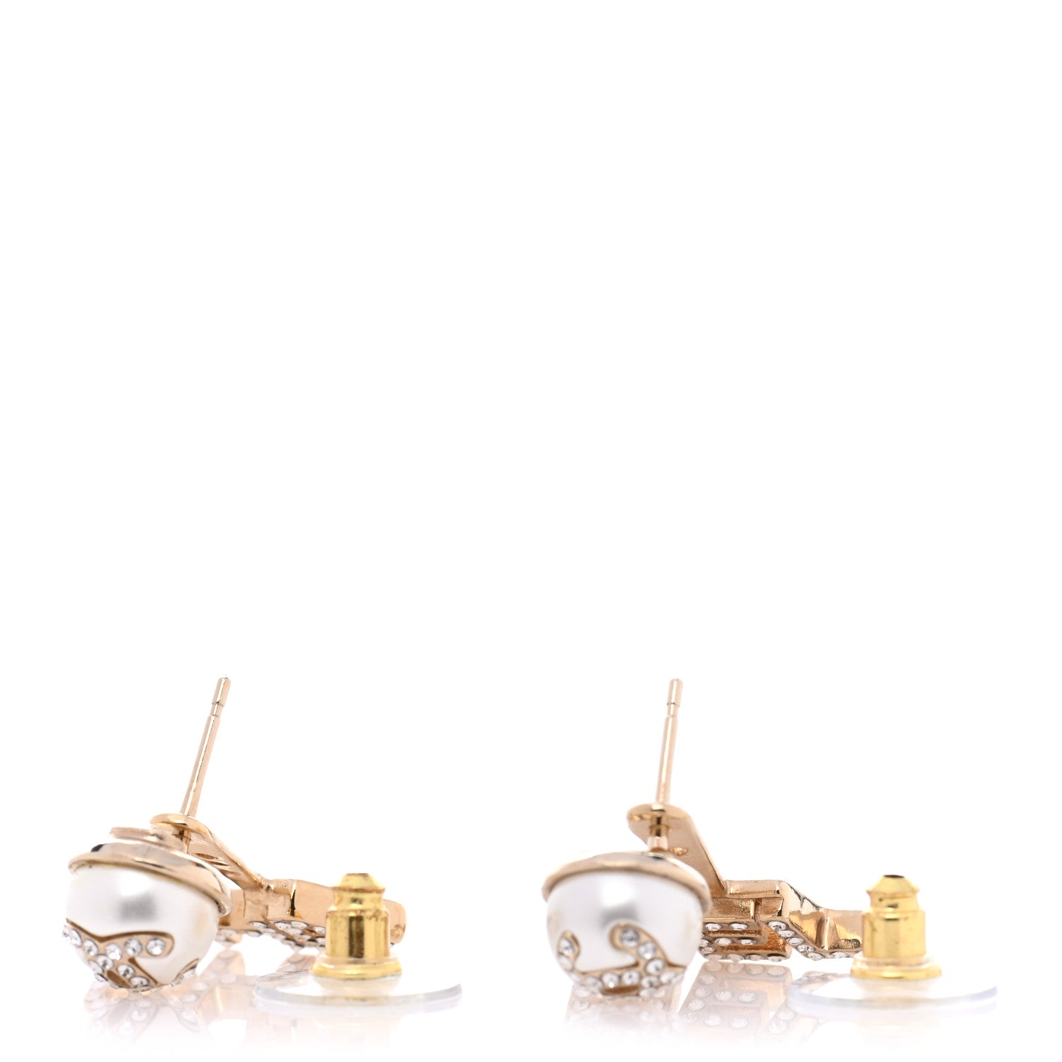 Chanel Pearl Crystal Logo Earrings Gold Pearly White 3 of 6