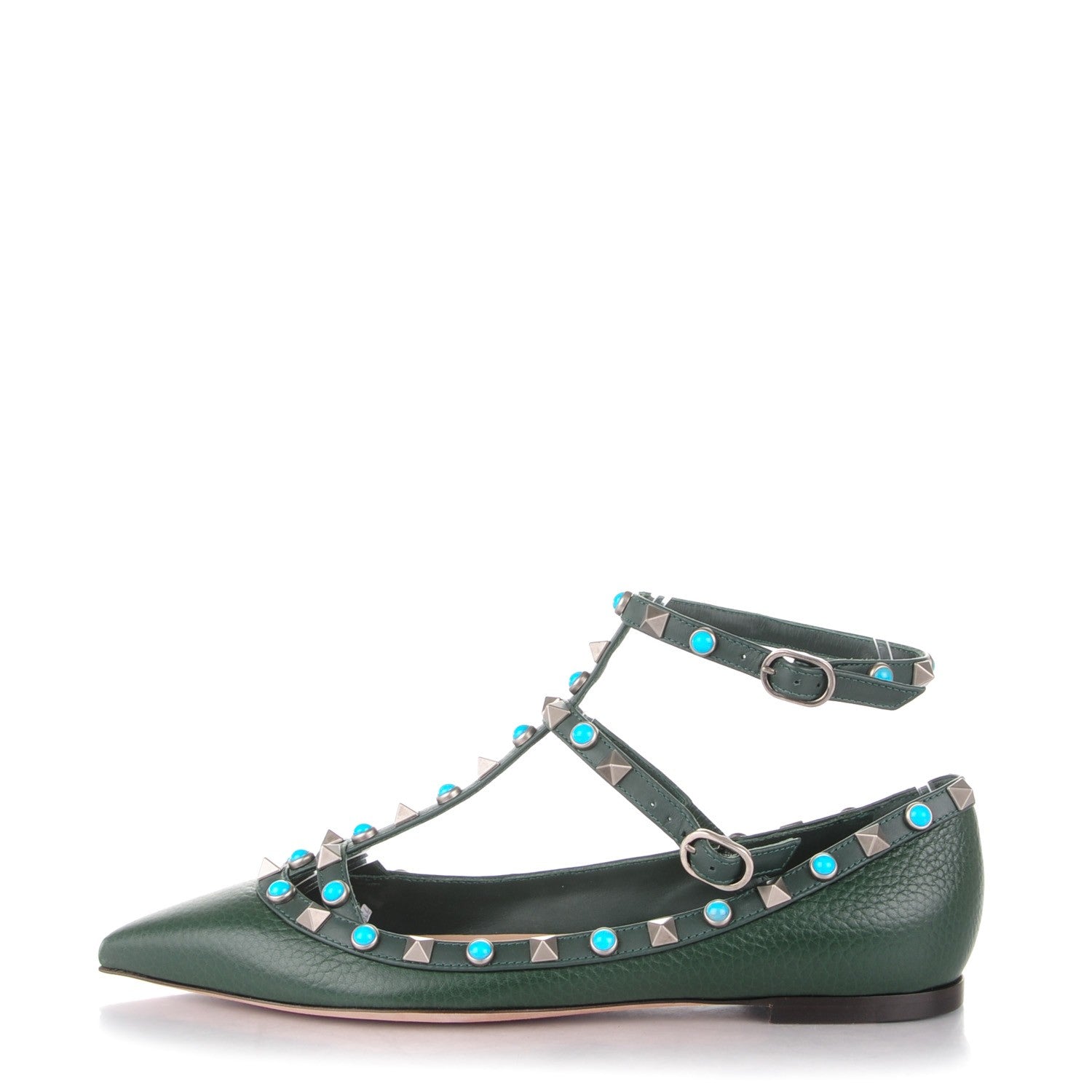 Valentino Garavani Pebbled Calfskin Rockstud Rolling Cage Ballerina Flats 36.5 Dark Green 1 of 7