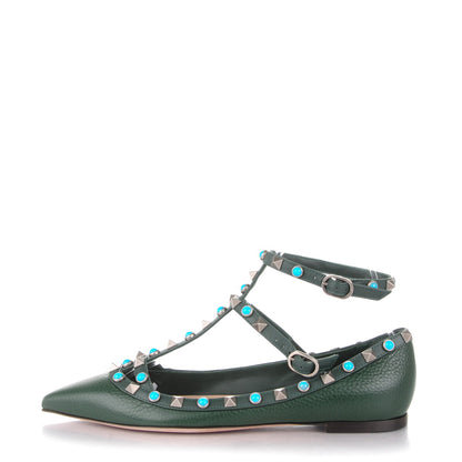 Valentino Garavani Pebbled Calfskin Rockstud Rolling Cage Ballerina Flats 36.5 Dark Green 1 of 7