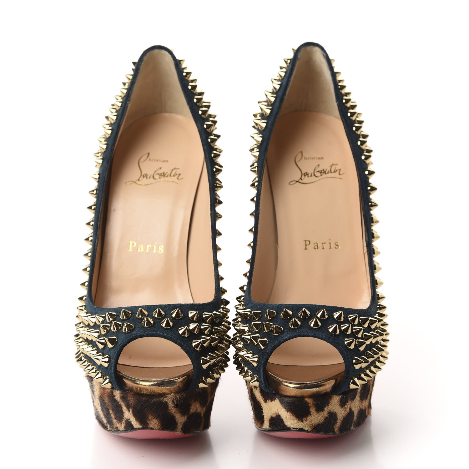 Christian Louboutin Veau Velours Calf Hair Leopard Lady Peep Spikes VIP 150 Pumps 36.5 Blue Khol Bronze 2 of 9