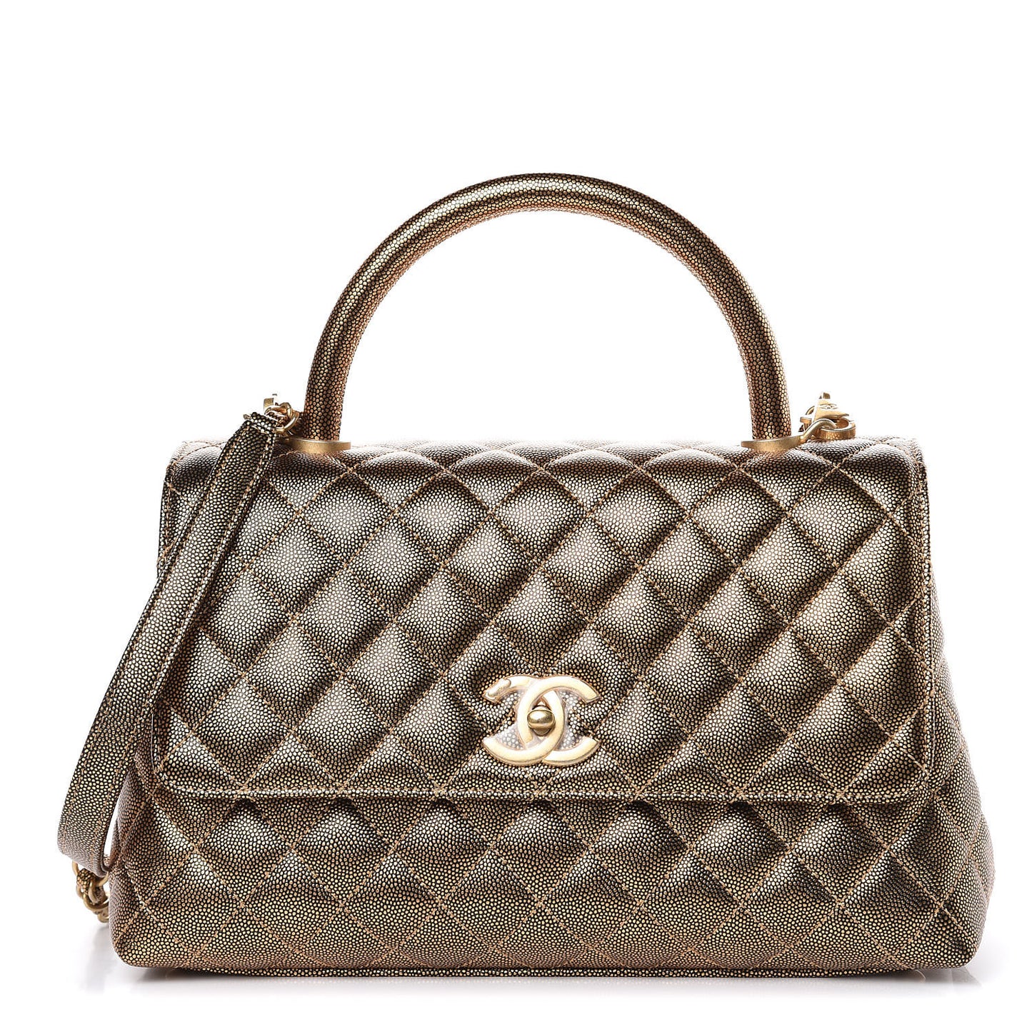 Metallic Caviar Quilted Small Coco Handle Flap Gold