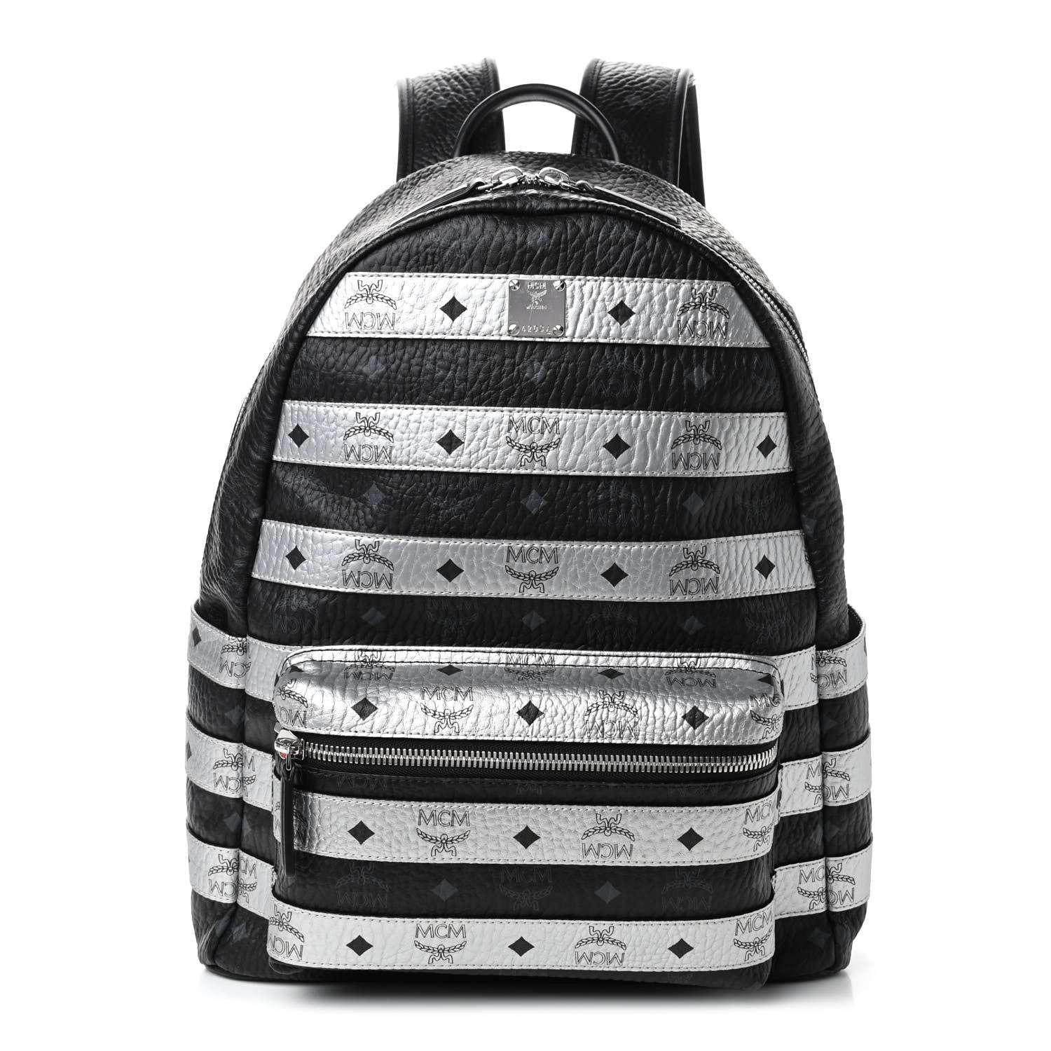 MCM Metallic Visetos Striped Medium Stark Backpack Silver Black 1 of 4