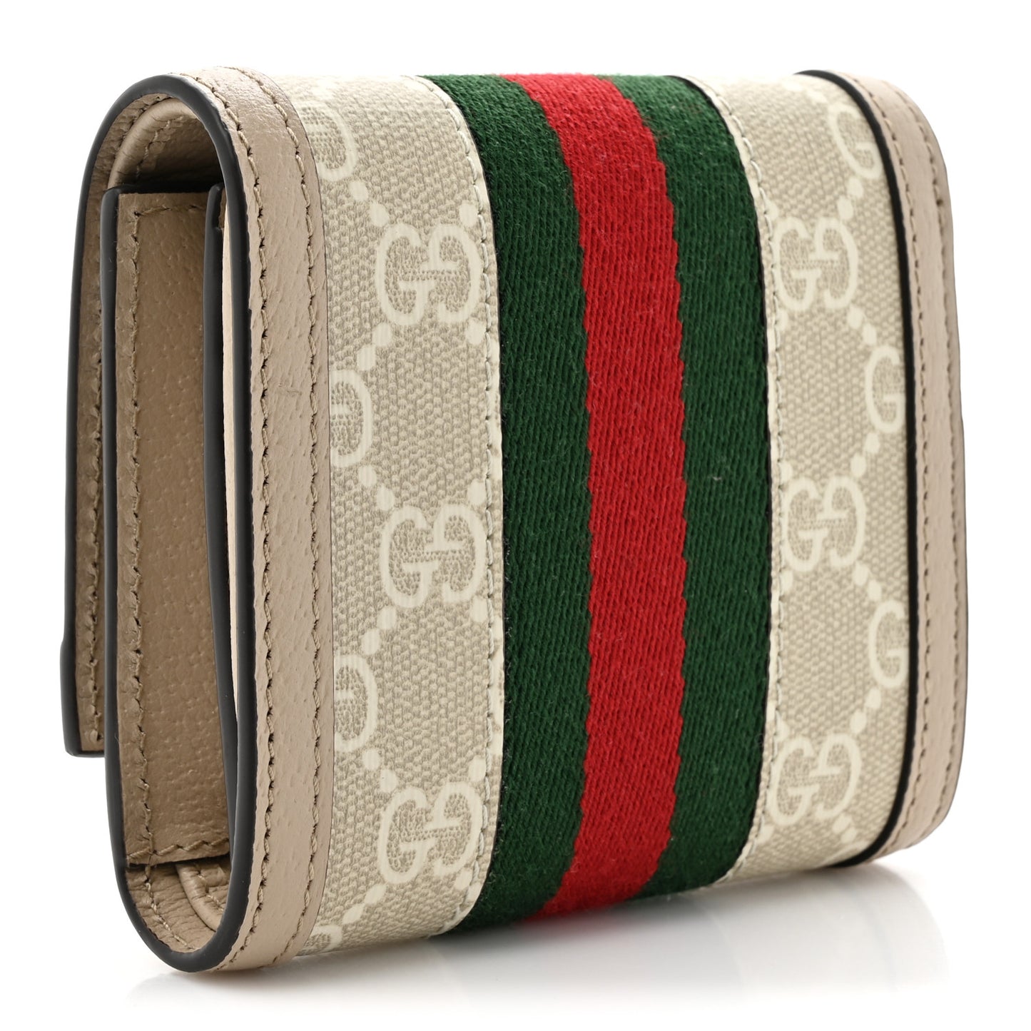 GG Supreme Monogram Textured Dollar Calfskin Web Ophidia Card Case Wallet Beige Mystic White Oatmeal
