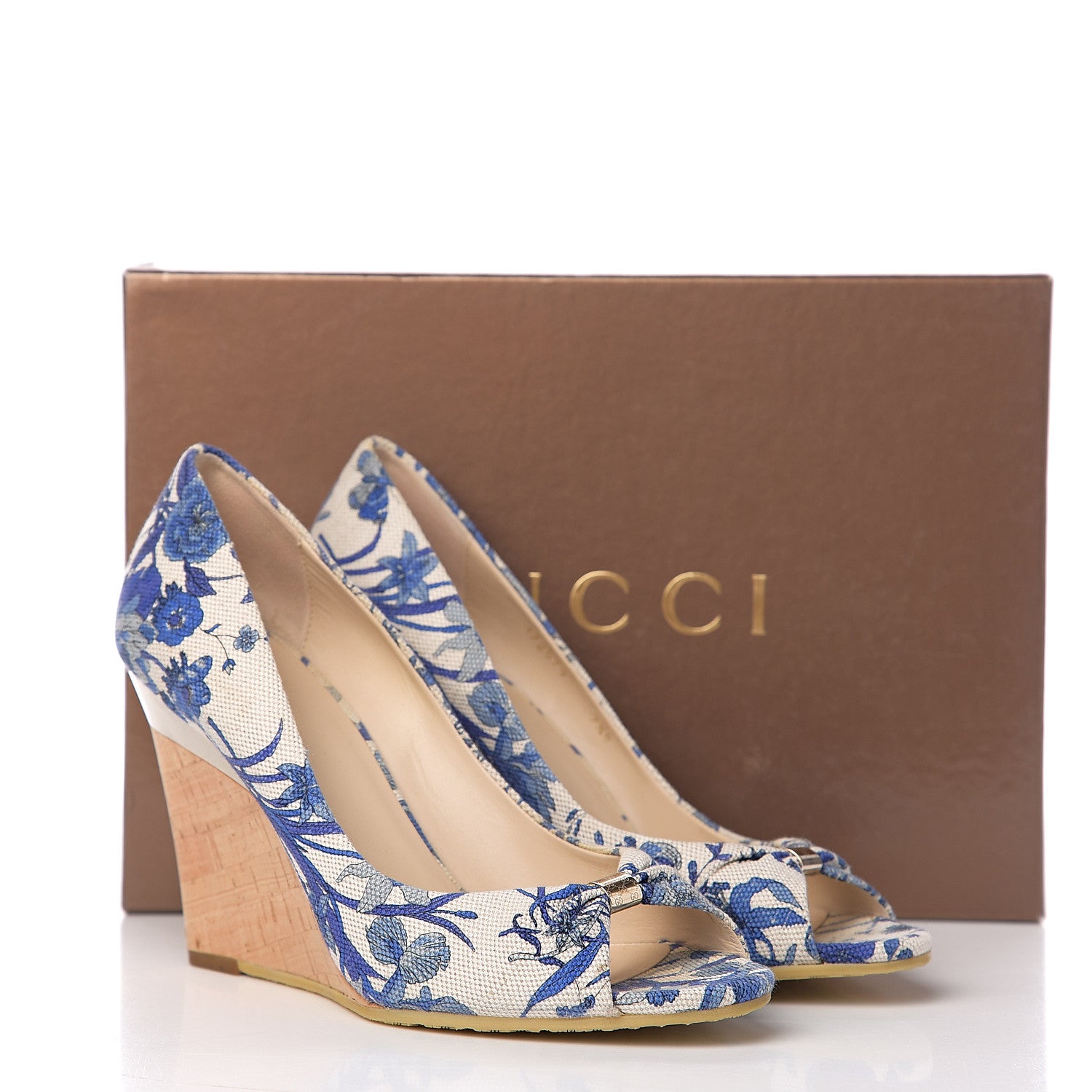Gucci Canvas Cork Flora Peep Toe Wedge 7 Indigo 9 of 9