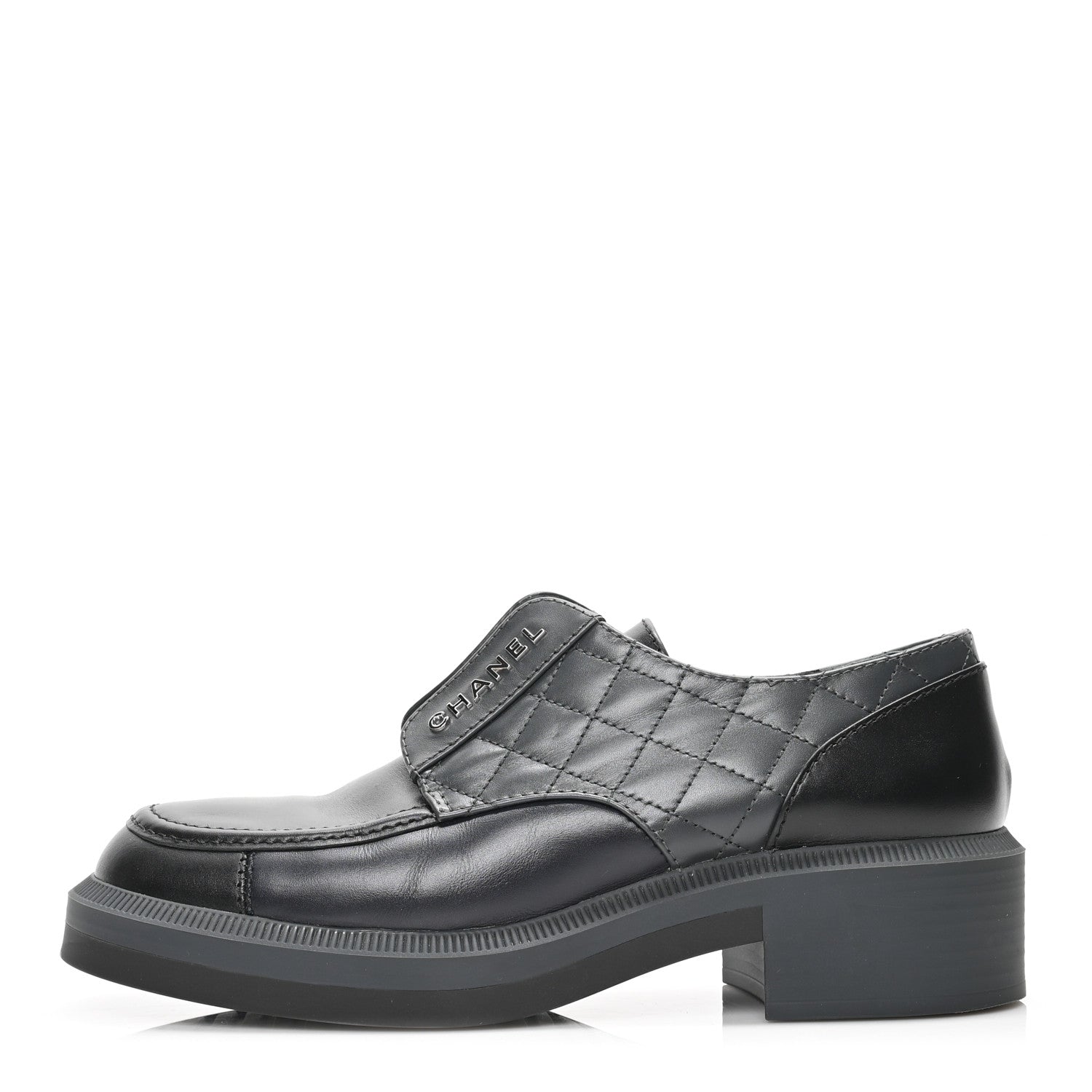 Chanel Calfskin Quilted Logo Lace Up Loafers 41 Black Grey 1 of 7